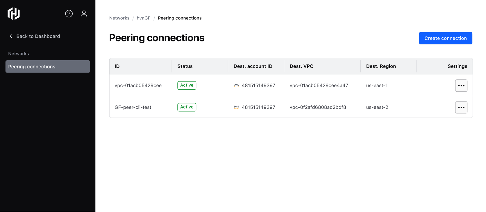 Peering connections heading with a "Create connection" button right aligned to the container. A table of peering connections below.